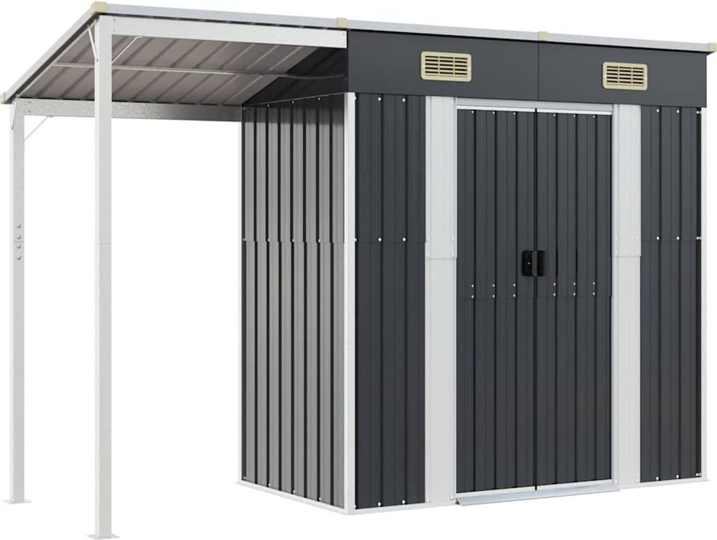 A dark gray metal garden shed with a white frame and a lean-to roof extension.