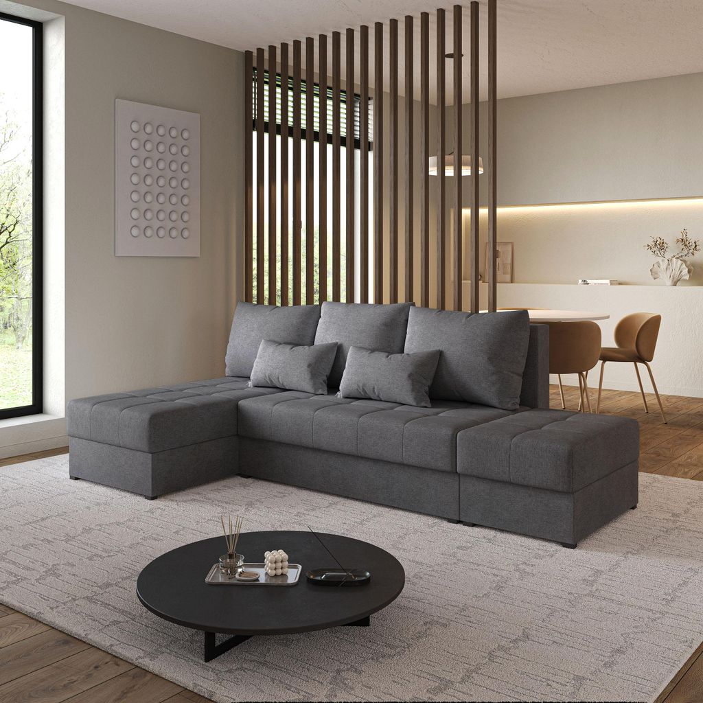 Masseno Ecksofa NORVI mit Schlaffunktion L-Form, Sofa mit Bettkasten, Wohnzimmersofa, Couch, Soffa, Bettsofa, Couchgarnitur- Grau, NEVE 90
