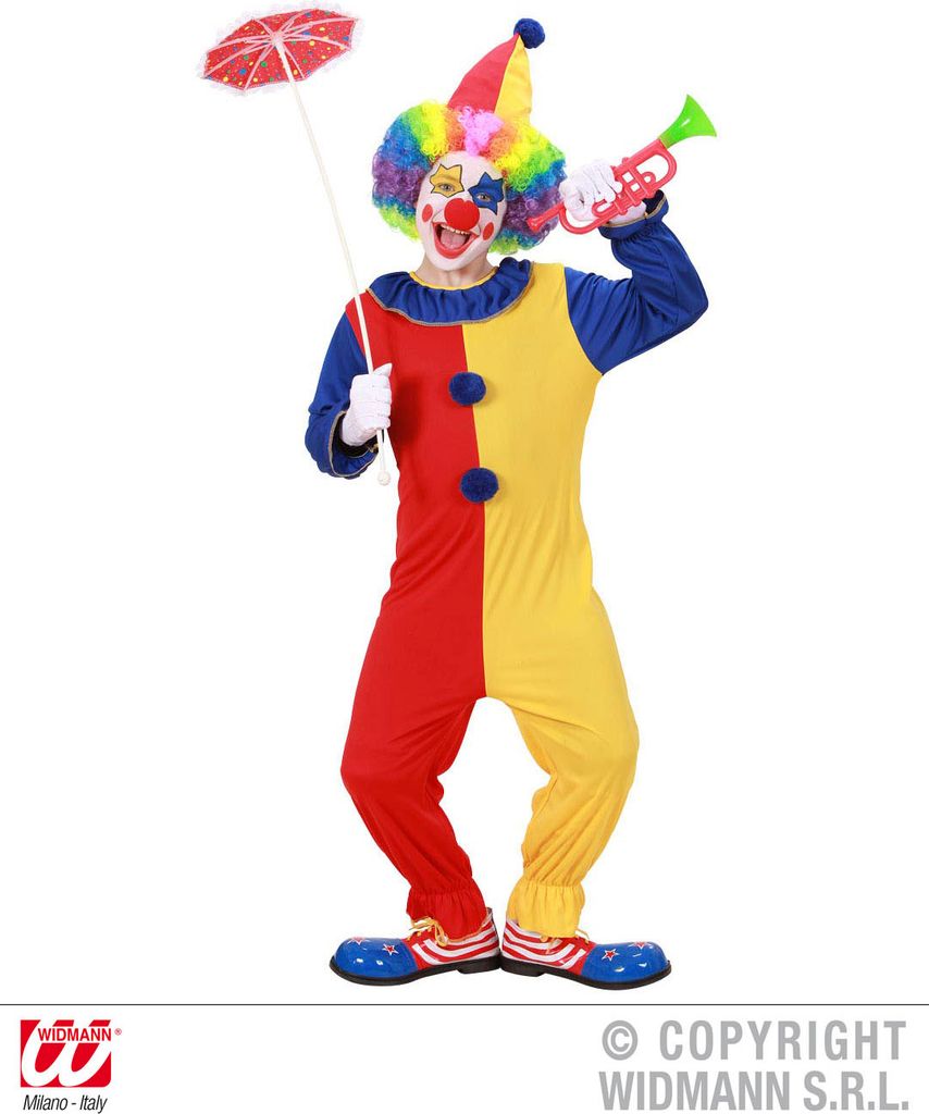 A clown in a colorful costume holding a small umbrella and a toy trumpet.