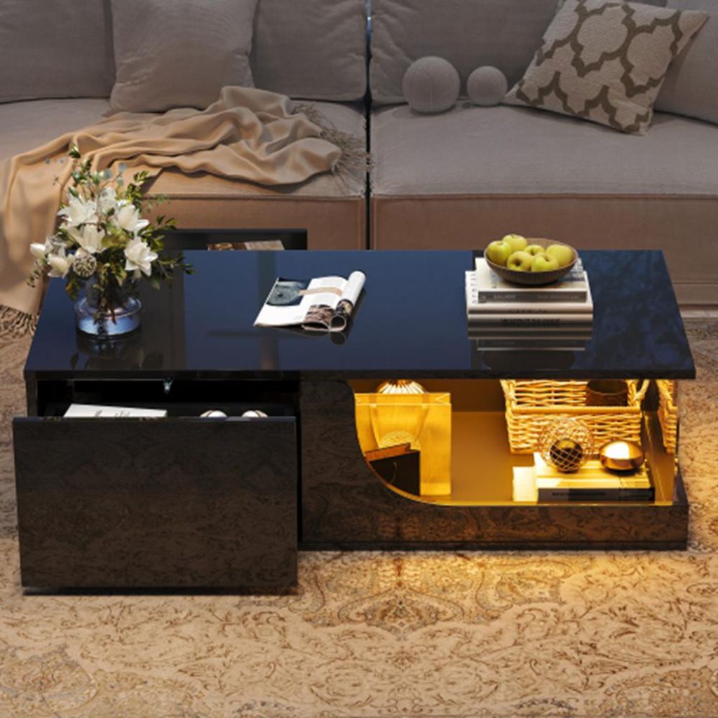 Couchtisch,Sofatisch mit 2 Schubladen, Hochglanz Wohnzimmer Beistelltisch, MDF Wohnzimmertisch, kaffeetisch mit LED,100*50*30cm