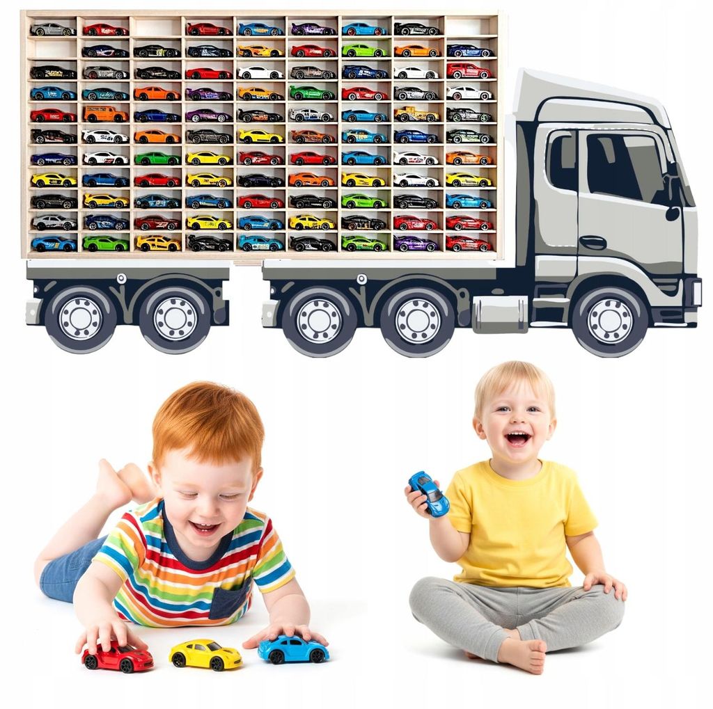 Modellauto-Regal für 80 Autos 1:64 – Wandregal & Setzkasten für Spielzeugautos, Lkw-Motiv, Weiß, Birken-Sperrholz – mit Modellautos an der Wand