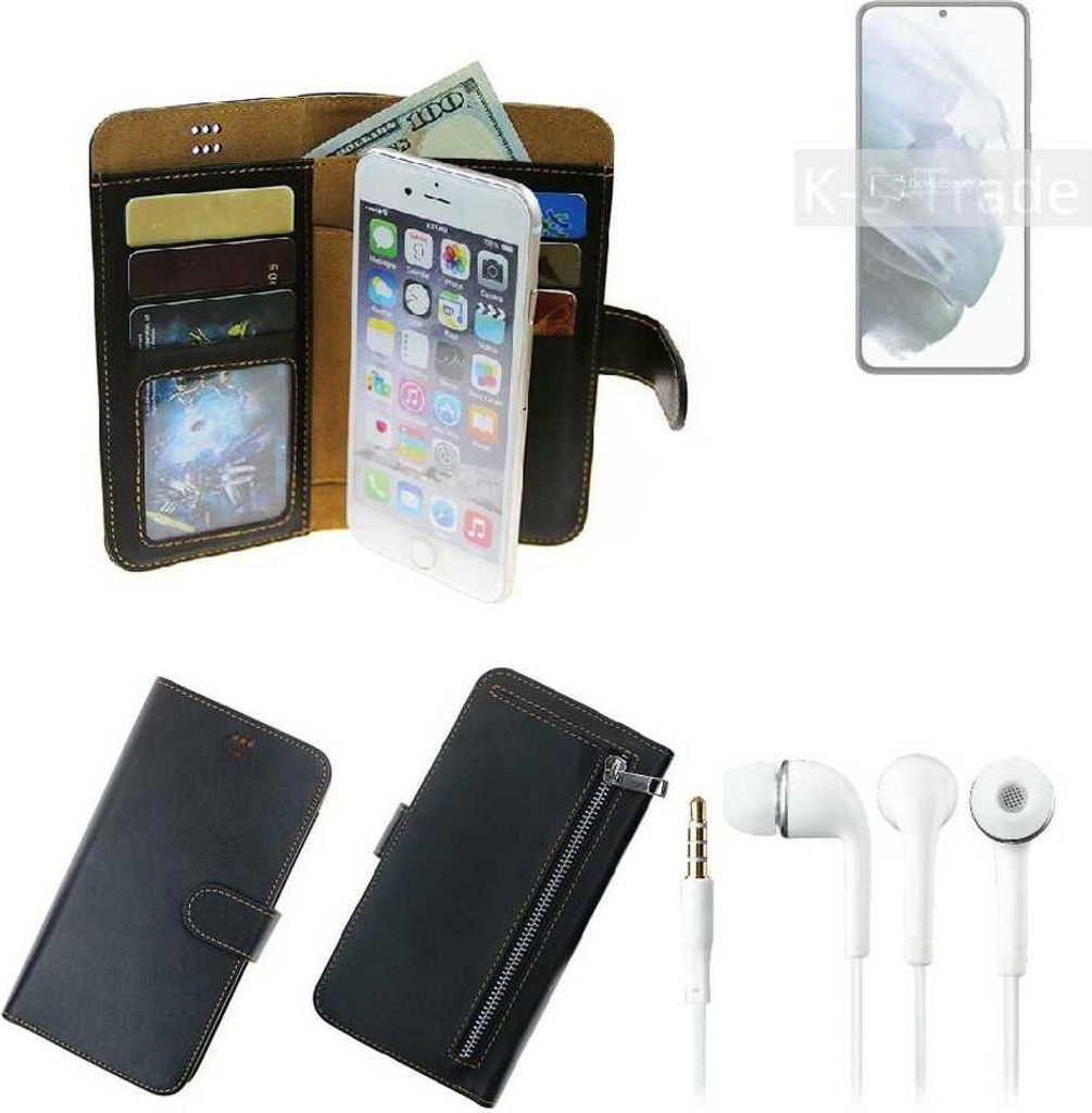 TOP SET Handy Hülle Schutz Hülle kompatibel mit Samsung Galaxy S21+ 5G Exynos schwarz aus Kunstleder + Kopfhörer Smartphone Tasche vollwertige