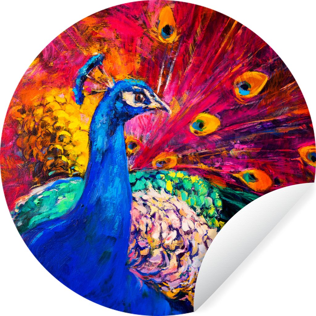 MuchoWow Runde Wandtattoo - Wandsticker Tapete Aufkleber Gemälde - Vogel - Pfau - Ölgemälde Ø 80 cm Selbstklebend und Repositionierbar - Wand...