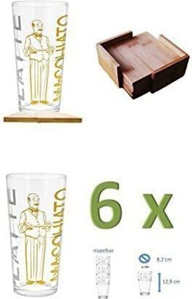 6 stapelbare Glasbecher/Glühweinbecher/Teebecher/Kaffeebecher aus Glas cc350 inkl. 7 Untersetzer in der box TEXT LATTE