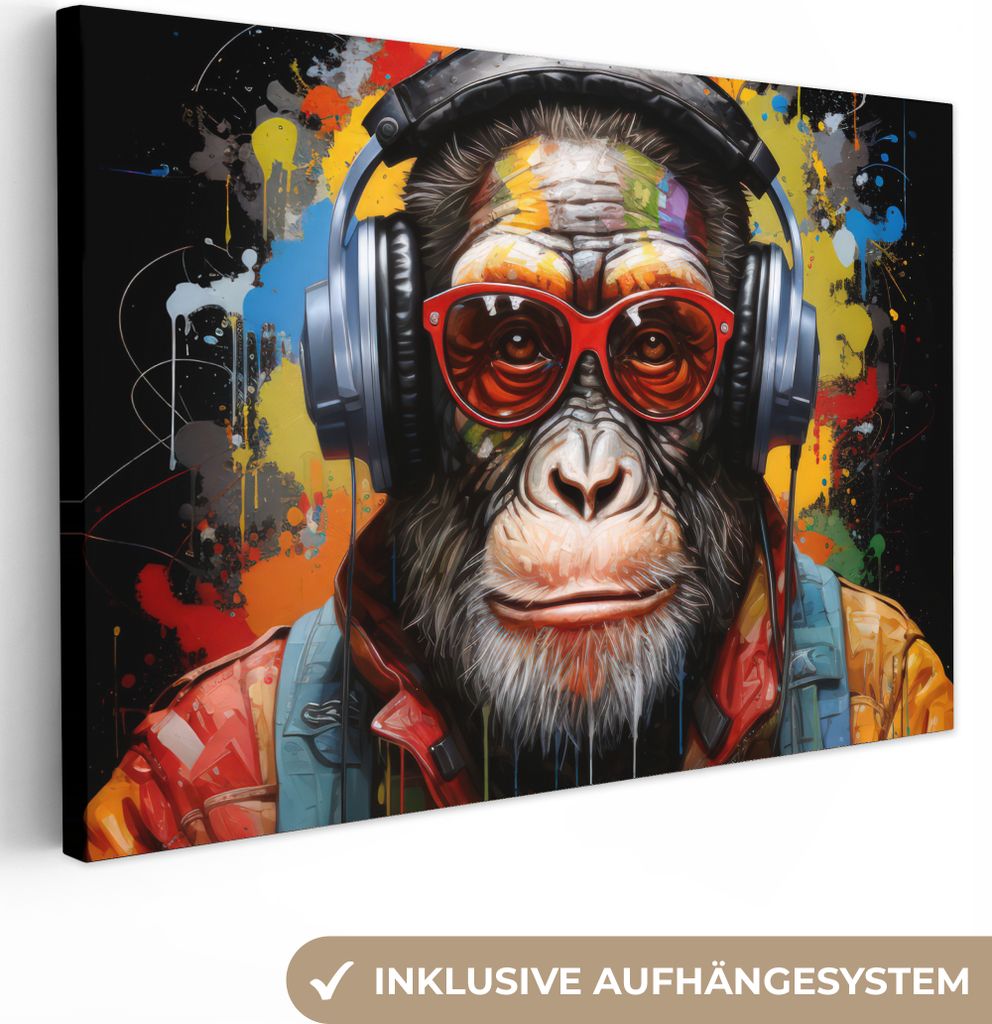 Leinwandbilder 30x20 cm - Graffiti - Schimpanse - Affe - Tiere - Brille - Farben, Bilder Wohnzimmer Modern, Wanddeko