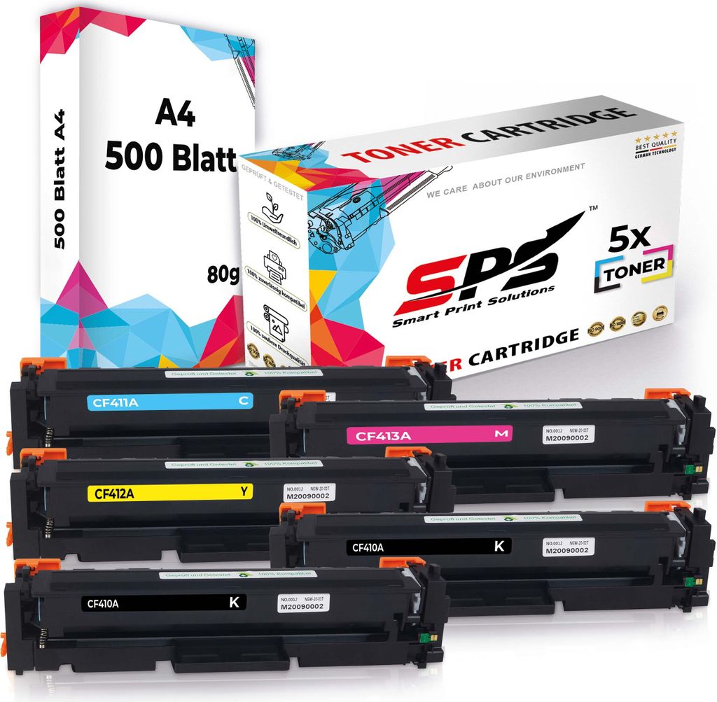 5x Toner 410A CF410A CF411A CF412A CF413A kompatibel für HP Color Laserjet Pro MFP M477FDW + DIN A4 Druckerpapier 500 Blatt