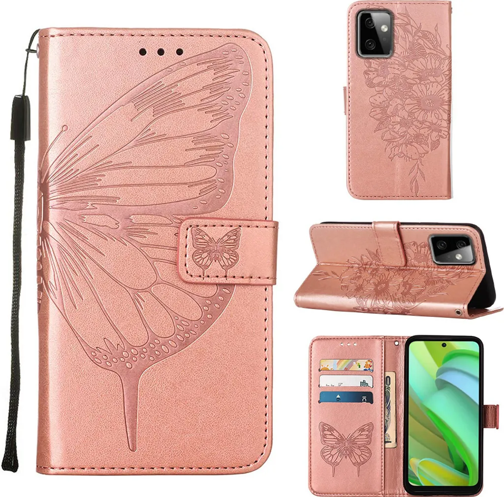 Custodia per Motorola Moto G Power 5G Butterfly Relief Custodia in pelle con tasca per carte e supporto rosa