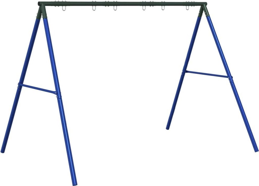A blue and green metal swing set frame against a white background.