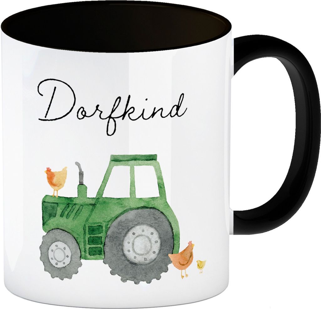 Dorfkind grüner Traktor Kaffeebecher in schwarz