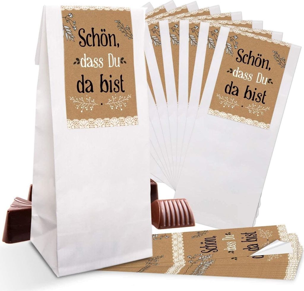 Weiße Blockbodenbeutel mit Folieneinlage 7 x 4 x 20,5 cm – mit Banderolen „Danke“ & „Schön, dass du da bist“"Schön, dass du da bist" b...