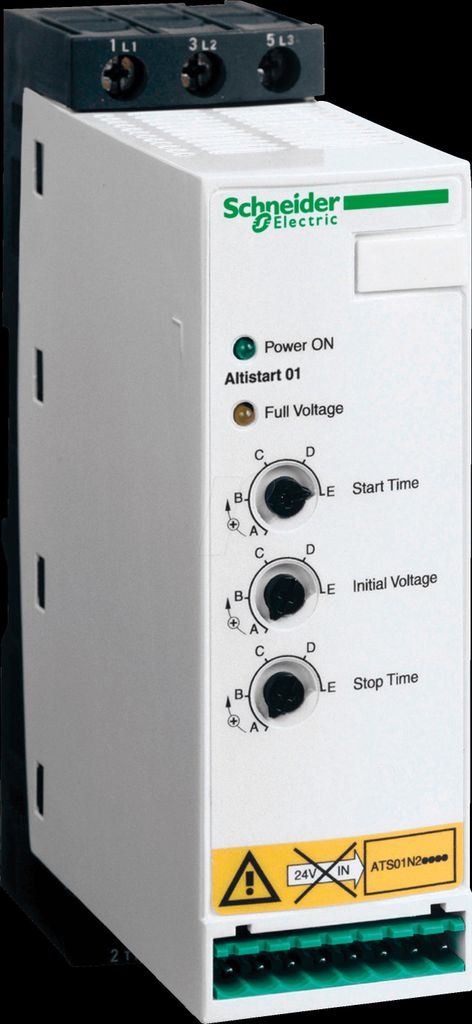 A Schneider Electric Altistart 01 soft starter is shown in a studio shot against a black background.