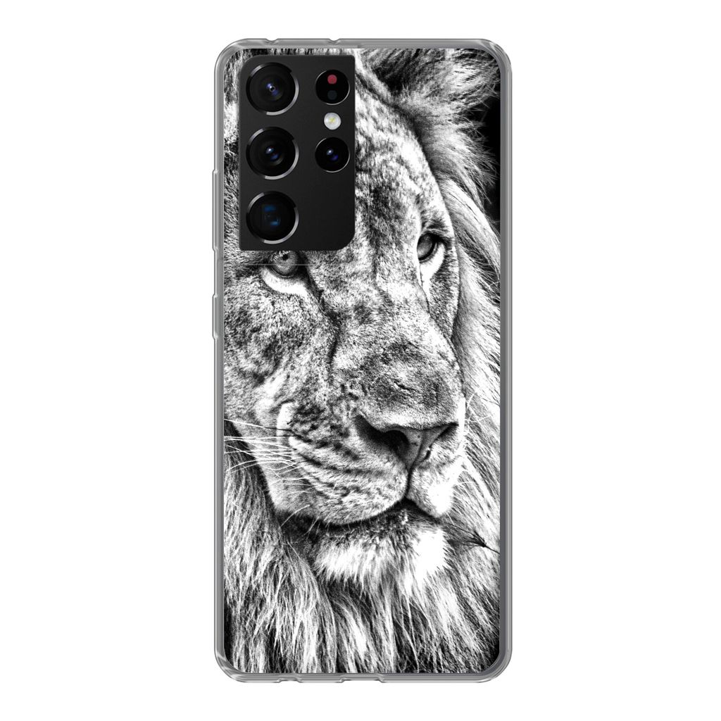 MuchoWow Handyhülle Schutzhülle Hülle für Samsung Galaxy S21 Ultra Porträt - Löwe - Schwarz und weiß Silikon Softcase Handy Hülle - Mobil...