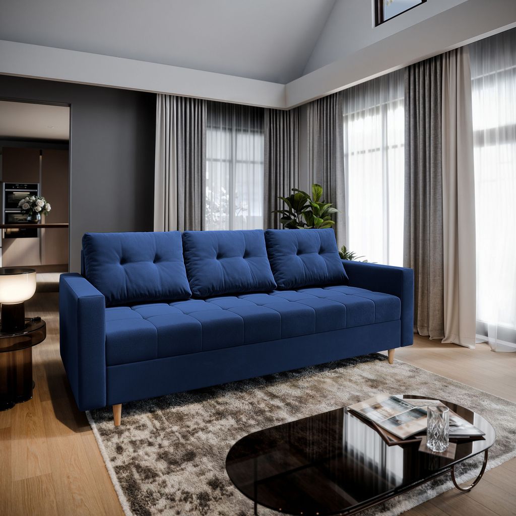 Sofa MILO Blau Plüsch-Stoff mit Schlaffunktion, Sofa mit Bettkasten, Sofa mit Bettkasten, Wohnzimmersofa, Couch, Soffa, Bettsofa, Couchgarnitur- B...