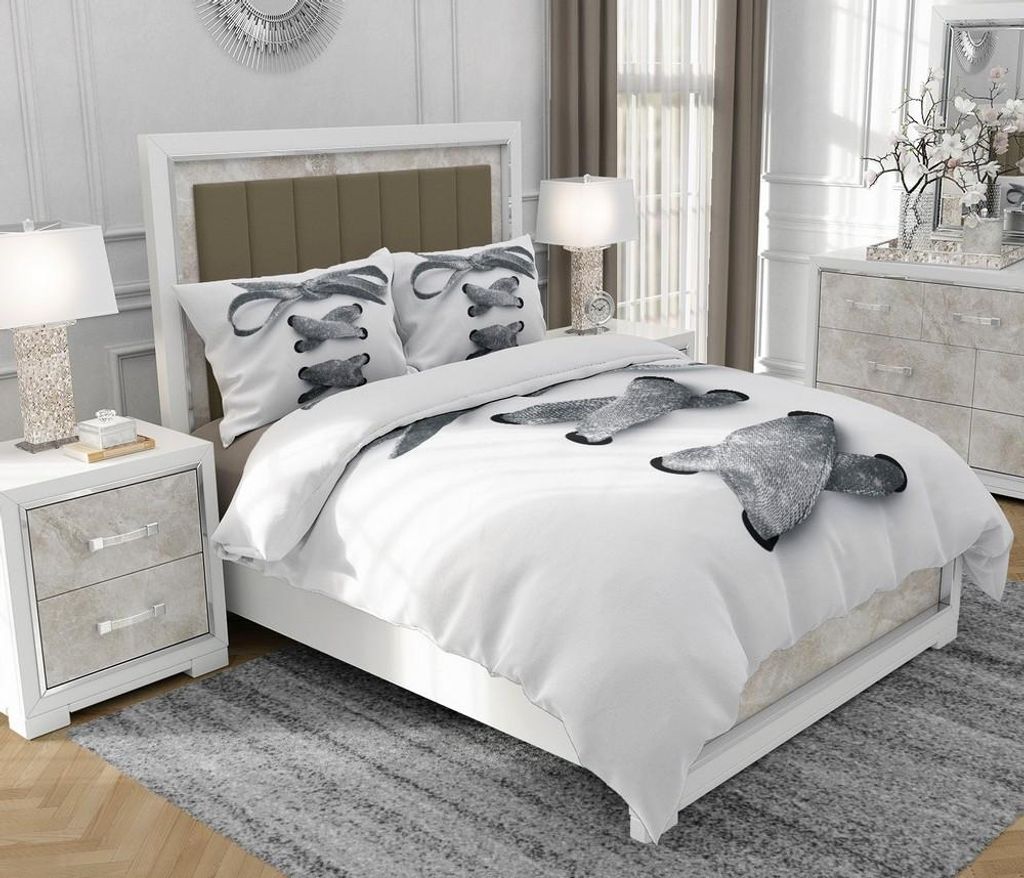 Bettwäsche 200x220 cm + 2x70x80 cm, 3-teilig, 100% Baumwolle, Satin, Reißverschluss, Aufdruck, Weiß - SOVIO | So.0185