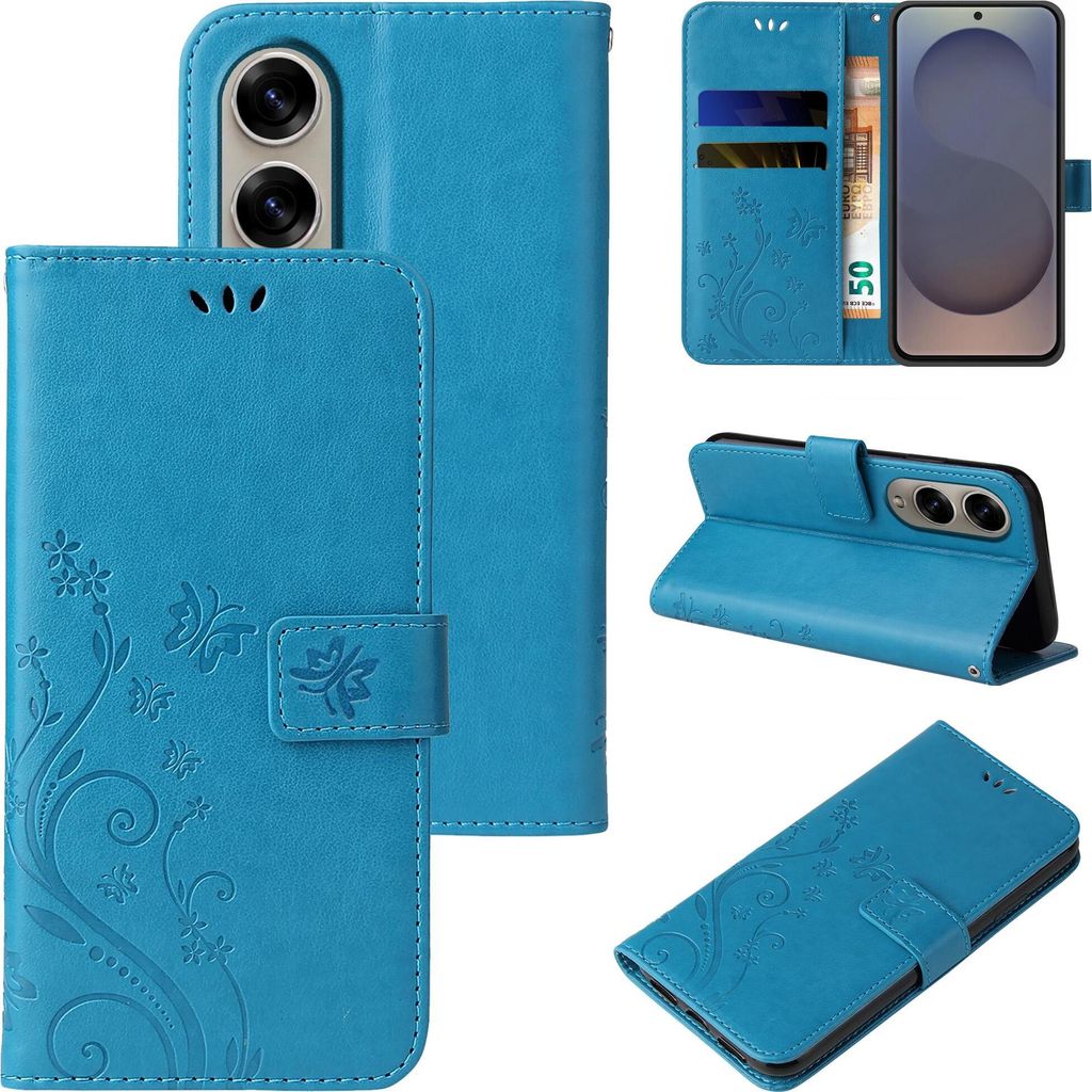 Handyhülle für Samsung Galaxy S25 Edge Floral Blumen Schmetterling Flip Cover Hülle Case Klapphülle Handytasche Farbe: Blau