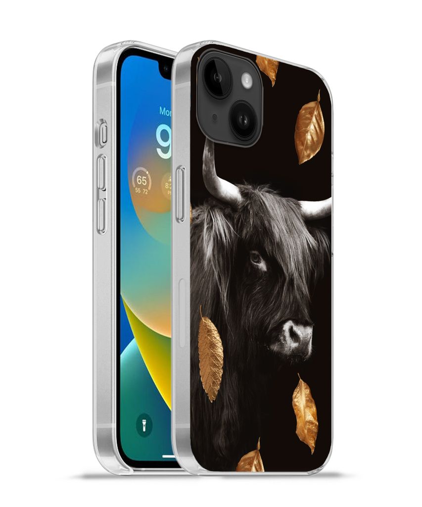MuchoWow Handyhülle Schutzhülle Hülle für Apple iPhone 14 Plus - Soft case Schottischer Highlander - Blätter - Gold - Schwarz Silikon Softca...