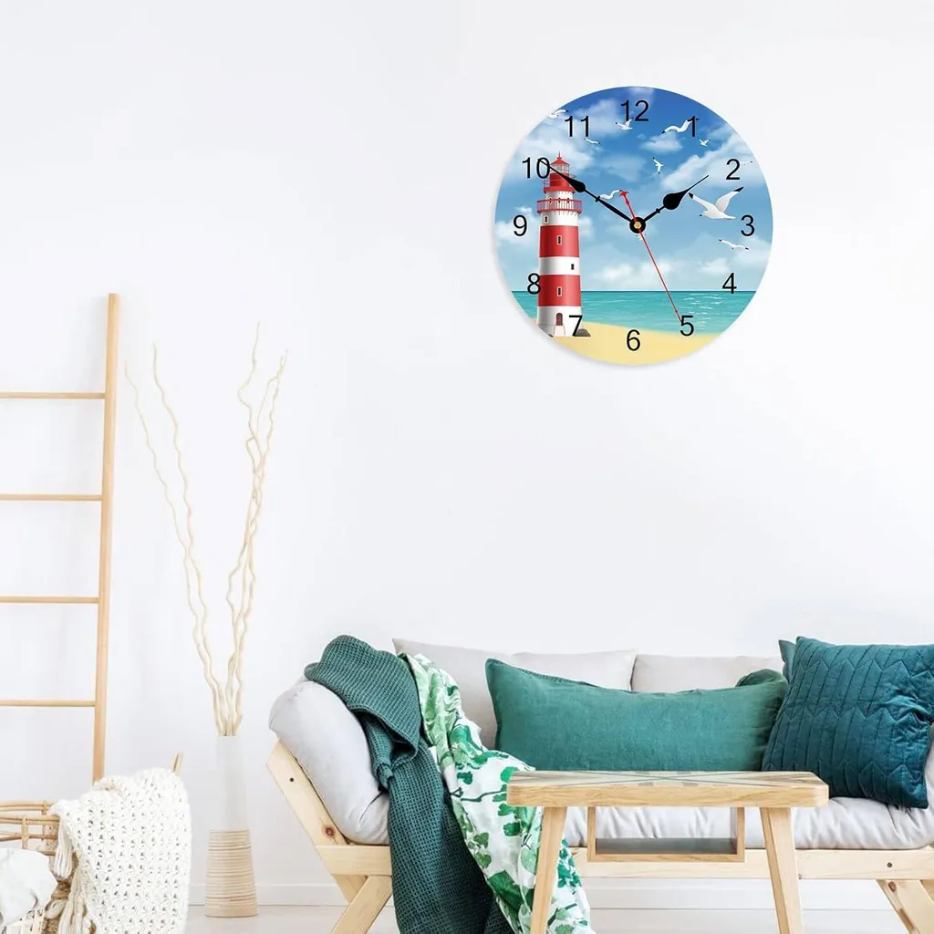 TAHEAT Petite Horloge Murale Phare et Mouette 20 cm - Style Maritime Bois