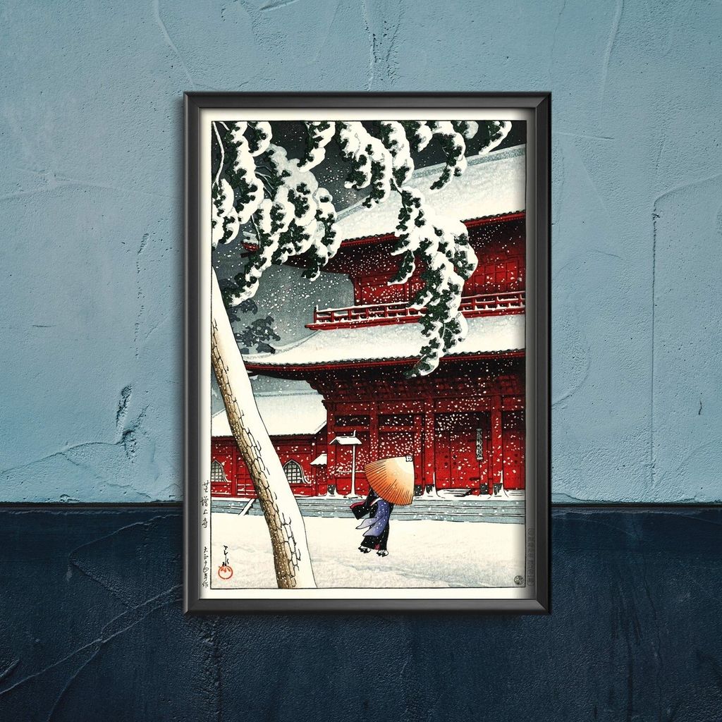 Poster - Canvas - Leinwand - 21 cm x 29,7 cm - Fotoposter - Leinwandkunst - Schnee in Zojoji Tempel Kawase Hasui