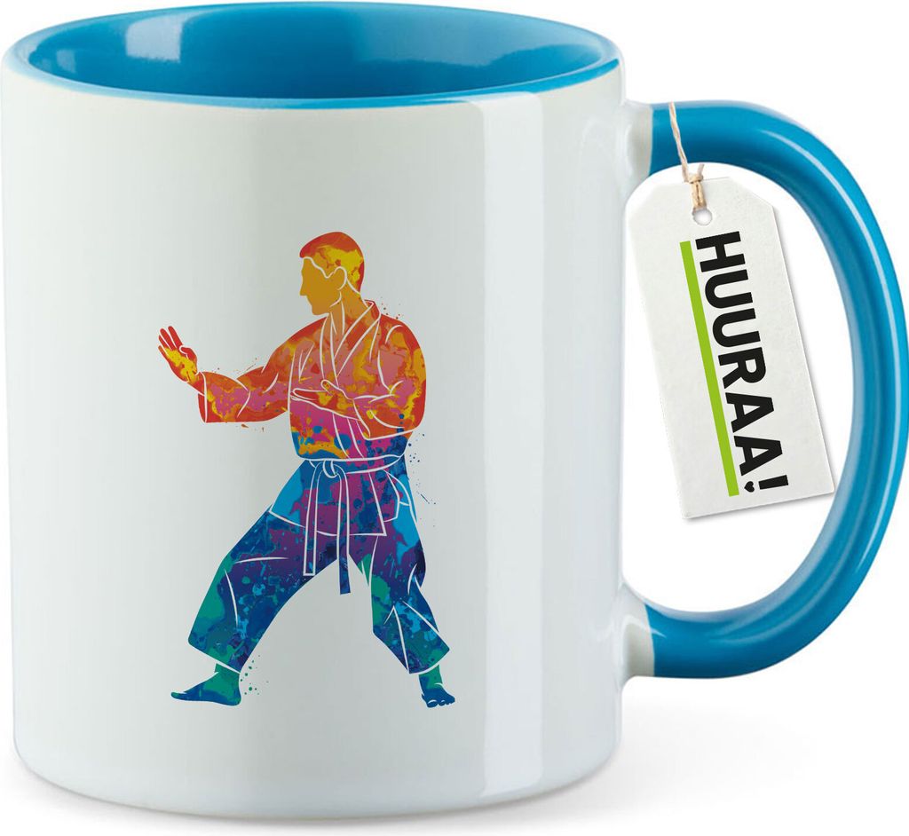 Huuraa Kaffeetasse Karate bunte Silhouette 330ml Blau Keramik Kaffeebecher Geschenkidee