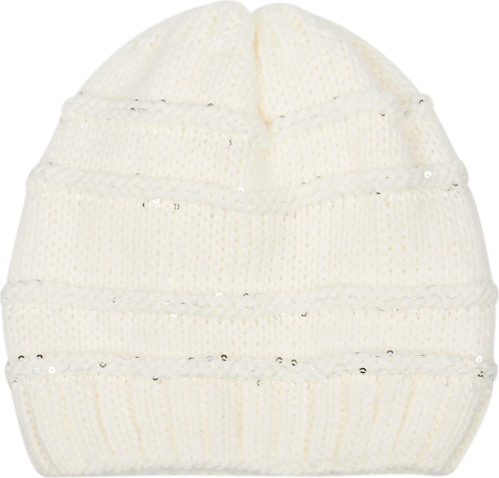 styleBREAKER Damen Strick Wintermütze mit Pailletten, Öffnung für Pferdeschwanz und Thermo-Fleece Futter, Beanie Mütze 04024177