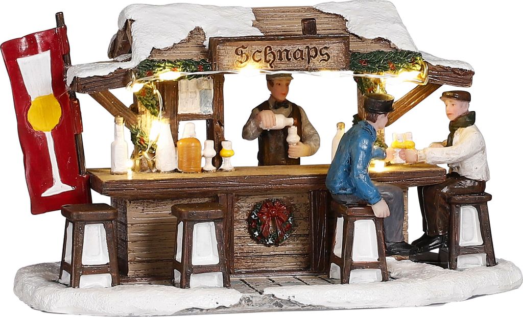 LuVille Weihnachtsdorf-Miniatur Marktstand mit Schnaps - L16 x B8 x H9 cm