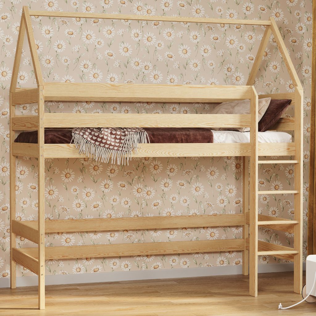Loft Bed Hausbett Etagenbett Kinder Hochbett Mit Treppe Kinderhochbett Hoch Bett Erwachsene Jugendliche, 90x200 natürlich