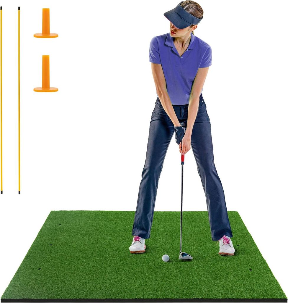 GOPLUS Golf Abschlagmatte, 152x117 cm Golf Übungsmatte mit 2 Ausrichtungsstäben, 2 Golf Tees & 6 Positionen, Golf Trainingsmatte für drinnen & d...