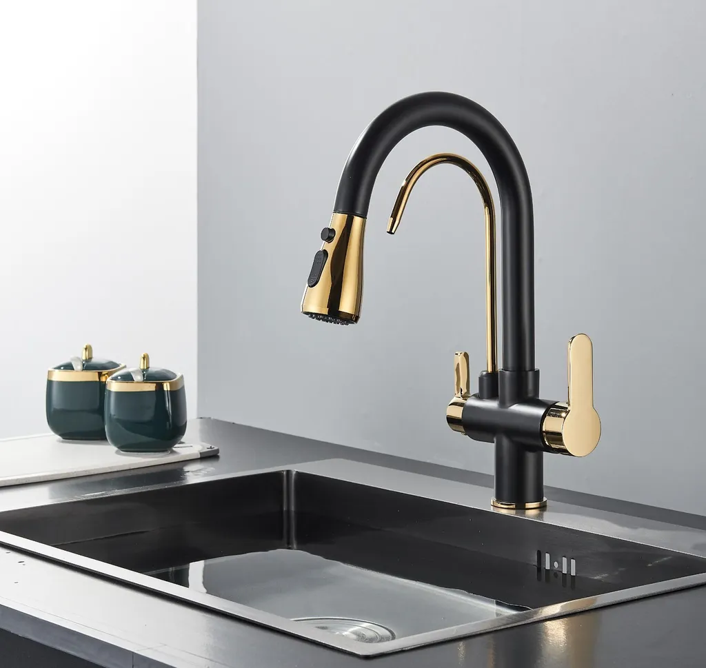 Rubinetto da cucina ARI a 3 vie estraibile nero-oro in ceramica - 3