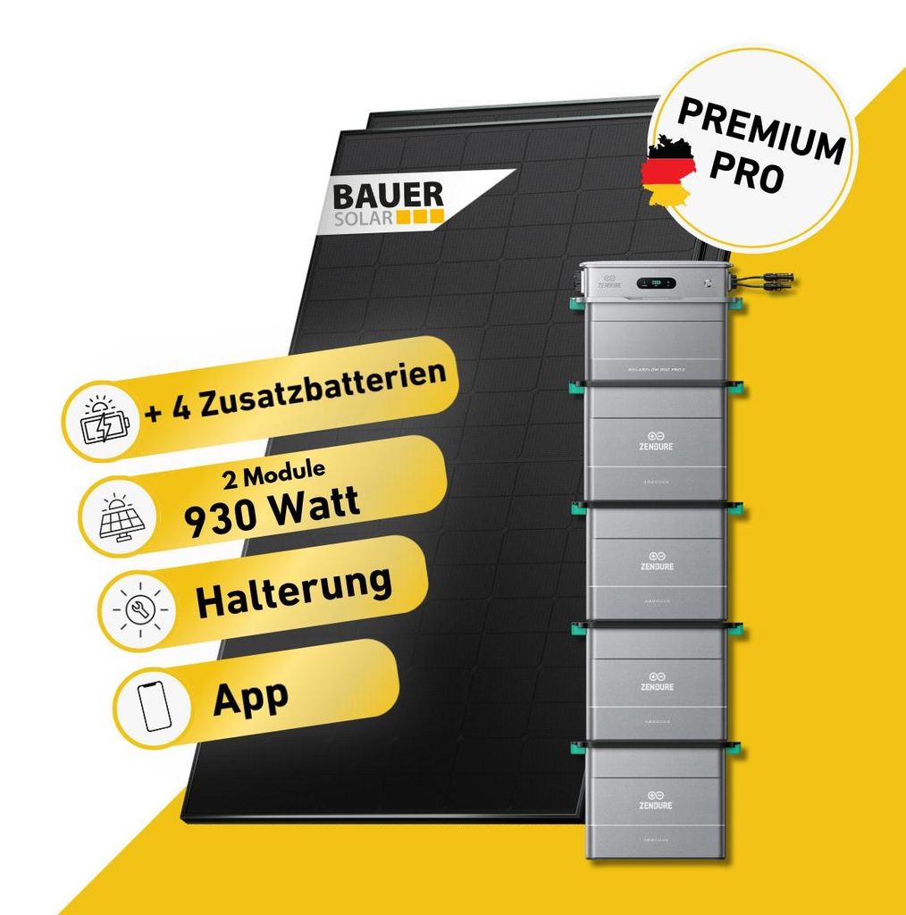 930 Watt, Bifazial Komplettset, Balkonkraftwerk, Zendure Solarflow 800 Pro 2, 4 x AB2000L Zusatzbatterie, Germany 20m Anschlusskabel, Halterung Gar...
