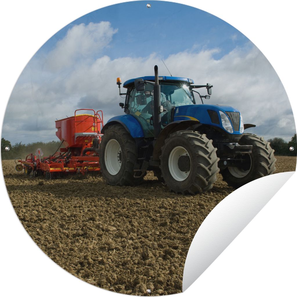 MuchoWow Gartenposter Outdoor-Poster Rund Traktor - Blau - Landleben - Wolken Ø 60 cm Gartendeko Rundes Poster draußen