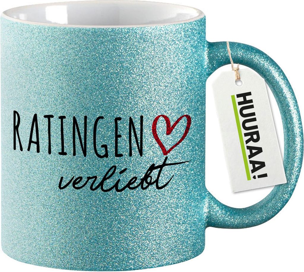 Huuraa Glitzertasse Ratingen verliebt 330ml Blau Keramik Kaffeebecher Geschenkidee