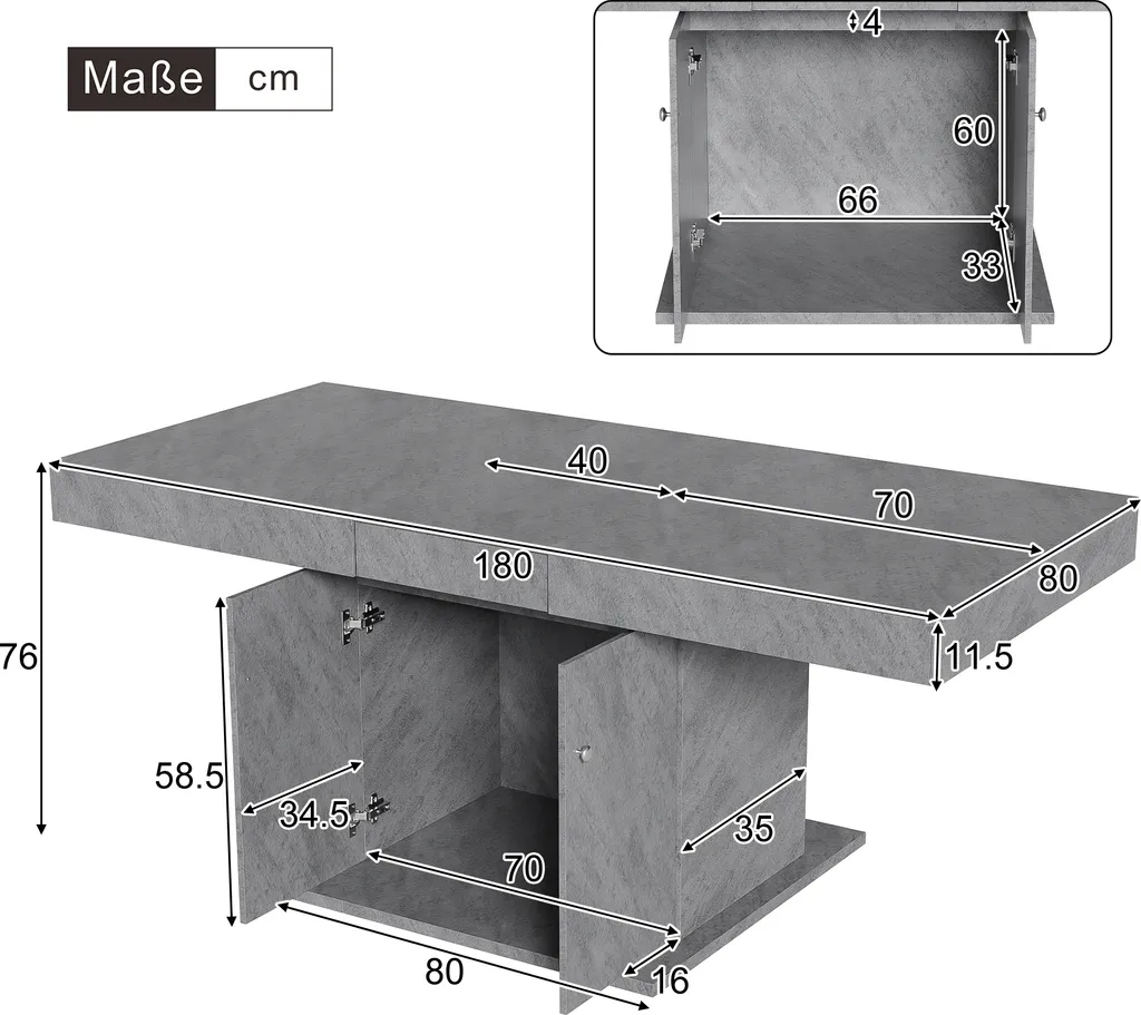 Table rectangulaire grise extensible 180cm avec rangement pratique