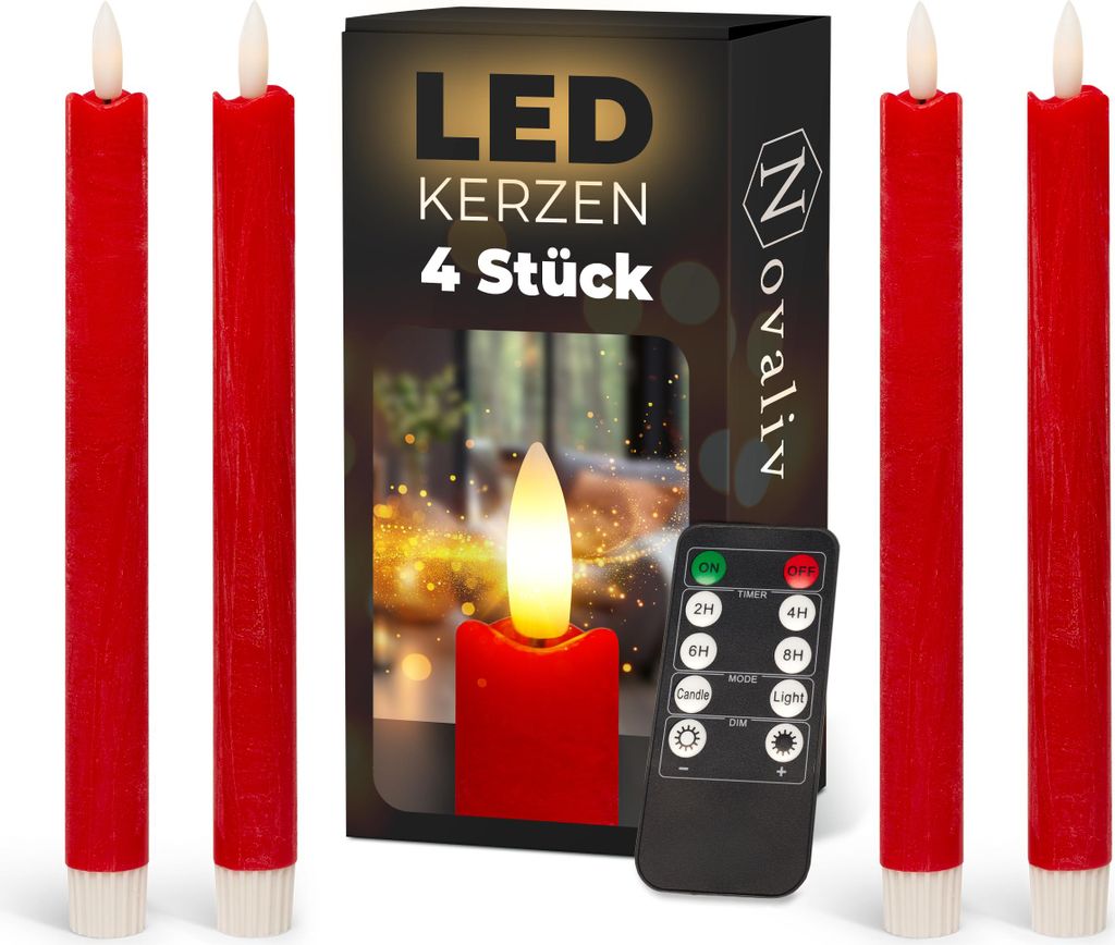 Stabkerzen LED mit Timer ROT 4 Stück ROT indoor - 6 Stunden - ECHTWACHS 23cm Höhe für Kerzen 2,2cm Durchmesser 2 AAA Batterien notwendig LED Sta...