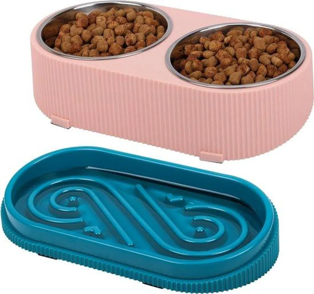 Station Roze avec gamelles inox et base antidérapante pour chien et chat