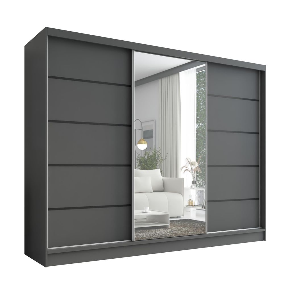 Schwebetürenschrank, 3-türig Schrank 200 cm mit Spiegel ARIVA 2 (Graphit)