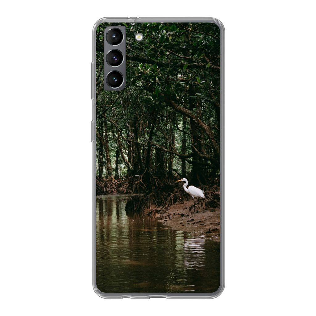 MuchoWow Handyhülle Schutzhülle Hülle für Samsung Galaxy S21 Plus Reiher - Wald - See Silikon Softcase Handy Hülle - Handy-Tasche