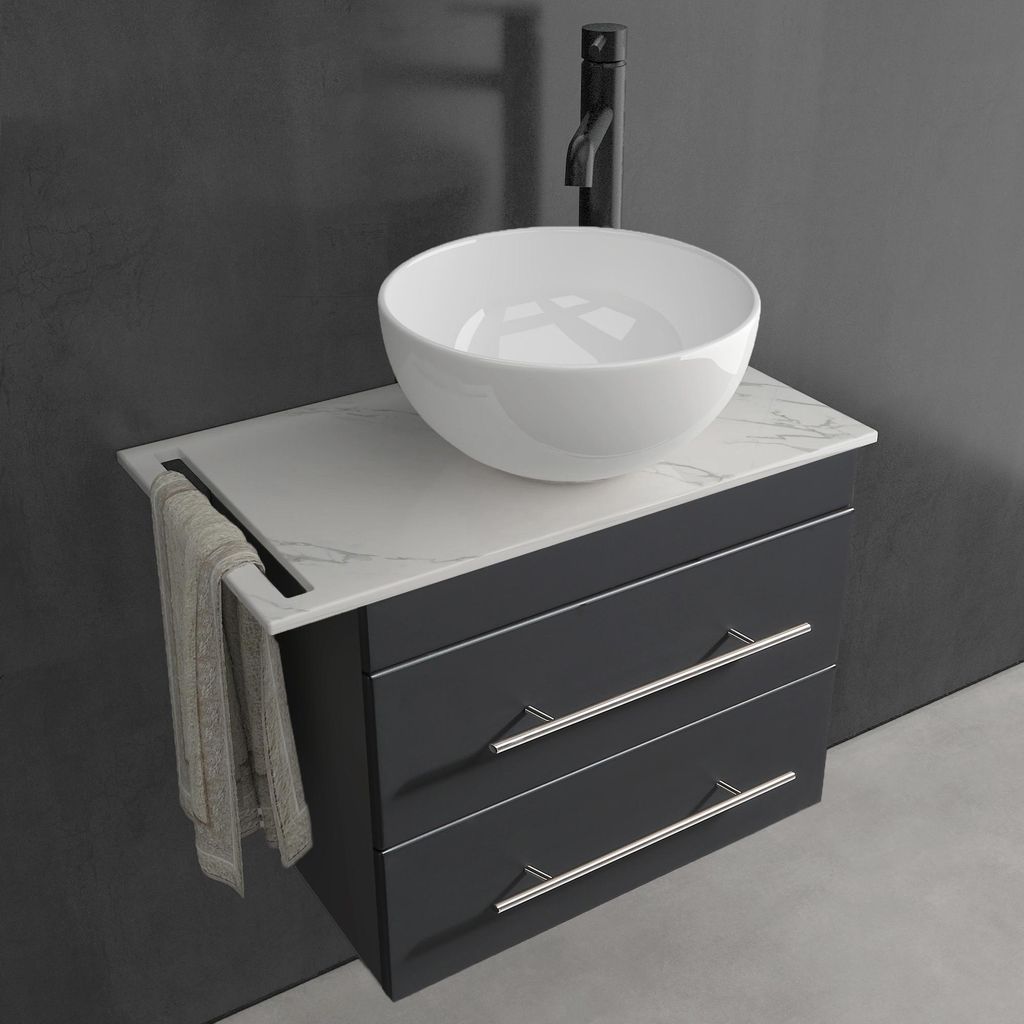 Alpenberger Waschbecken mit Unterschrank 60 cm | Badmöbel Set Gäste WC mit Keramik Aufsatzwaschbecken und Keramikplatte