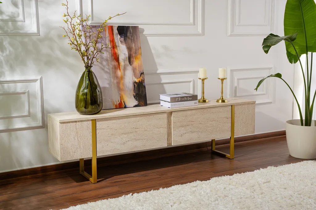 Meuble TV Serenity en Travertin 180cm : Robustesse et Design Sans Compromis