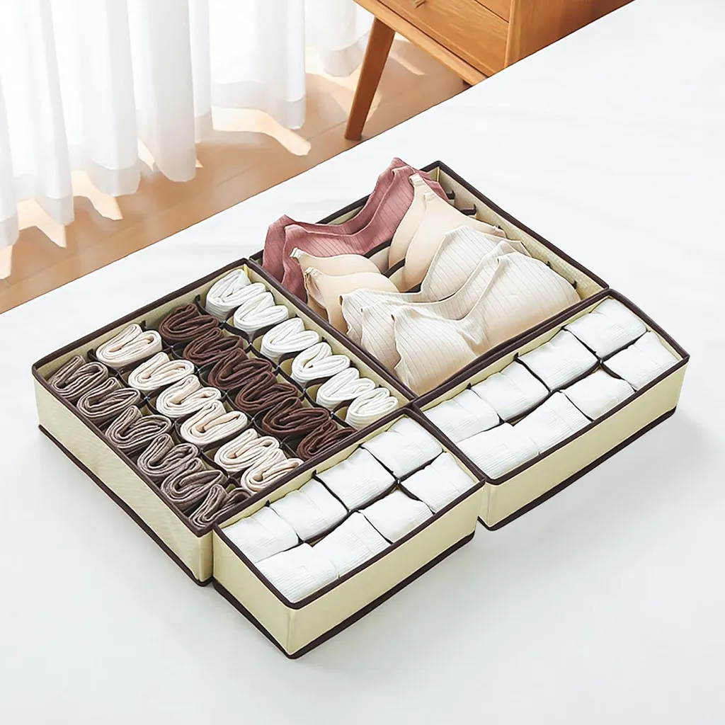 Organiseur en Tissu Pliable Braozaiw pour Chaussettes - Beige Mixte 4x