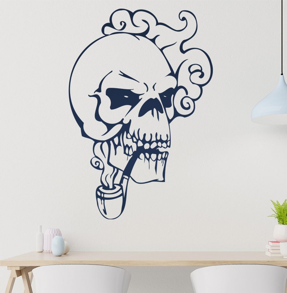 Schädel Pfeife Wandtattoo in 6 Größen - Wandaufkleber Wall Sticker - Dekoration, Küche, Wohnzimmer, Schlafzimmer, Badezimmer