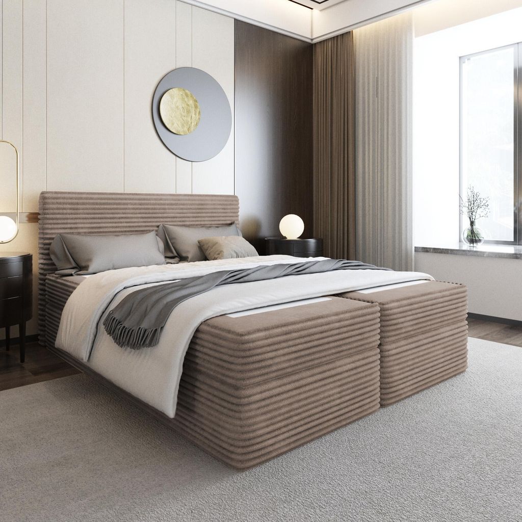 Bett Boxspringbett NESO ohne Topper mit Bettkästen - Doppelbett, Stauraum, Schlafzimmer, Polsterbett, Bettgestell (160x200, Cappuccino- Tilia 17)