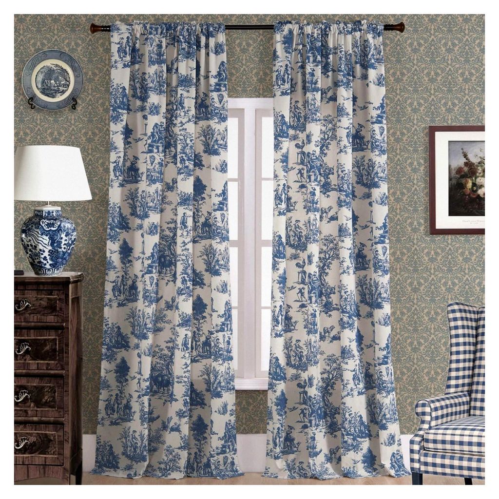 Blaue und weiße Vorhänge, 244 cm lang, Set mit 2 Paneelen, verdunkelnd, Baumwolle, Toile, Blumenmuster, für Wohnzimmer und Schlafzimmer