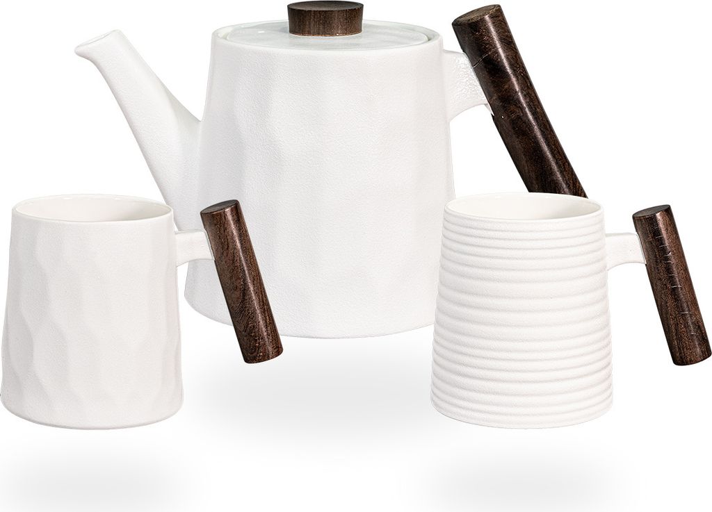 tea4chill Teeservice oder Kaffeeservice aus Porzellan weiß mit Holzgriffen. Teekanne, Kaffeekanne 1,2 Liter. Teetassen, Kaffeetassen 400ml. Vintage