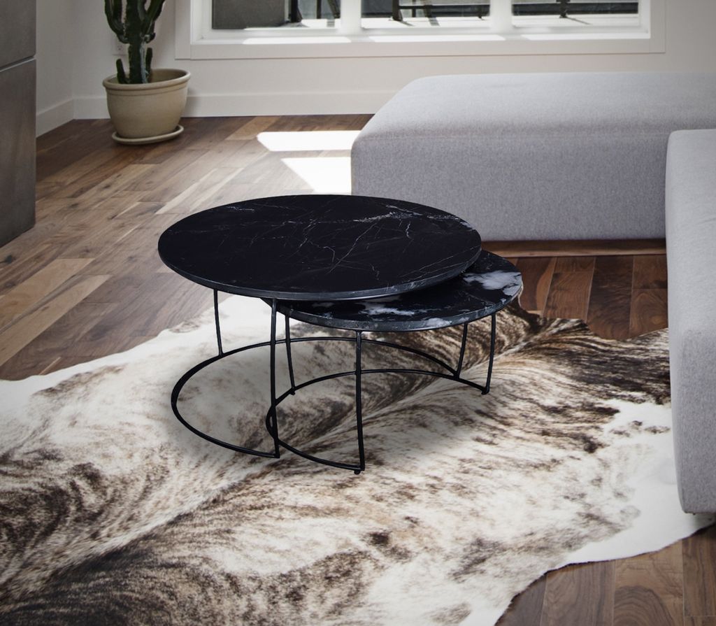 2er Set Couchtisch Emma rund Marmor Stahl Satztische Beistelltisch Schwarz