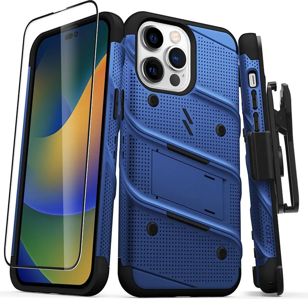 Zizo, Custodia blindata per iPhone 14 Pro Max Bolt con protezione dagli urti da 3,5 m, blu navy