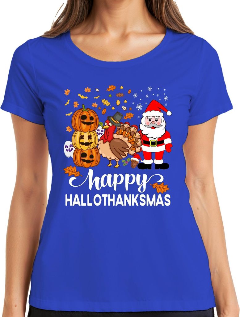 Happy Hallothanksmas Halloween Thanksgiving Turkey Santa Damen T-Shirt, Blau, S