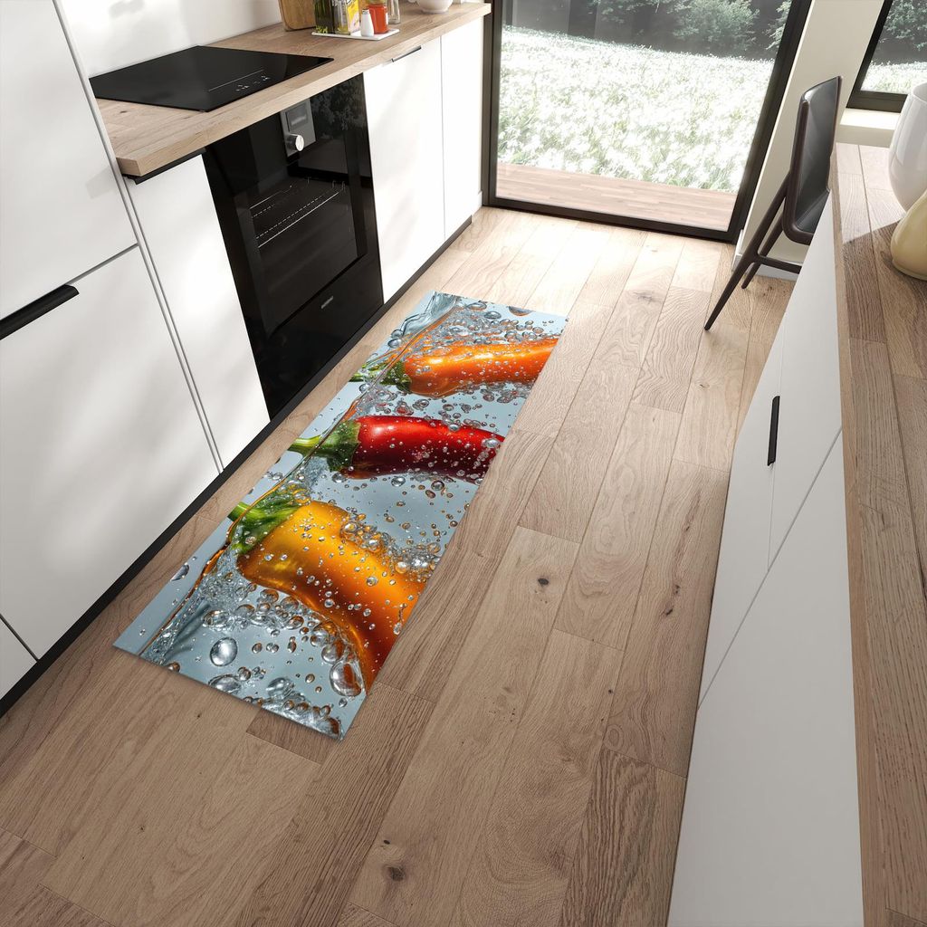 Küchenteppich 60x180cm rutschfest & abwischbar PVC Läufer - In Wasser Paprika