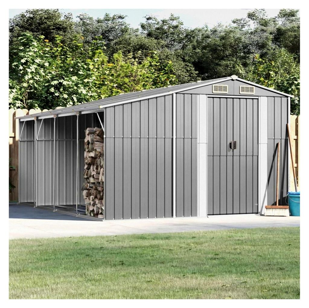 Gartenhaus Grau 277x365,5x179 cm aus verzinktem Stahl, wasserfest, Geräteschuppen für Fahrradgarage, Werkzeug und Poolzubehör
