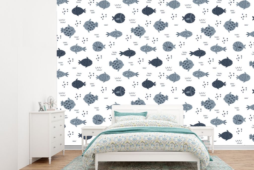 MuchoWow Fototapete für Wohnzimmer oder Schlafzimmer Wandtapete Vinyl Motivtapete Muster - Jungen - Fische - Kinder - 415x300 cm - Küche