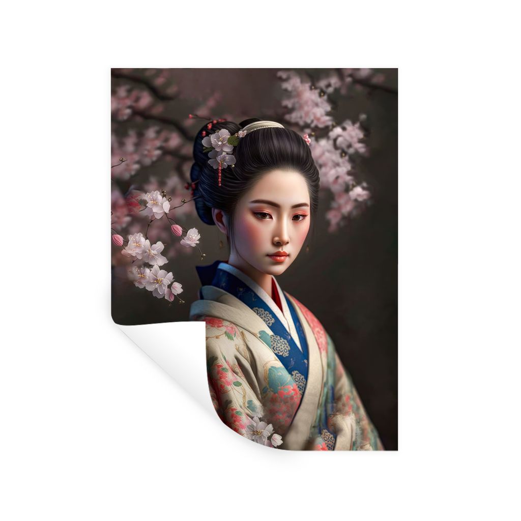 MuchoWow Wandtattoo Wandsticker Wandaufkleber Frau - Sakura - Kimono - Asiatisch - Porträt 30x40 cm Selbstklebend und Repositionierbar - Sticker...